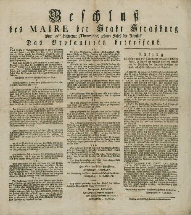 Beschluß des Maire der Stadt Straßburg vom 18ten Hitzmonat (Thermidor) zehnten Jahrs der Republik; Das Brokantiren betreffend.