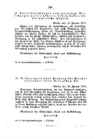 Notreifeprüfungen und vorzeitige Versetzungen an den höheren Lehranstalten für die männliche Jugend : [E. Höhere Lehranstalten für die männliche Jugend]