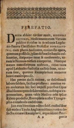 Hermanni Boerhaave Phil. & M.D. Med. Bot. Chem. & Collegii Practici Prof. Lugd. Reg. Scient. Acad. Socii, Tractatus De Viribus Medicamentorum