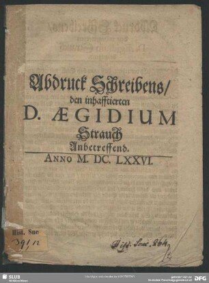 Abdruck Schreibens, den inhafftierten Aegidium Strauch anbetreffend