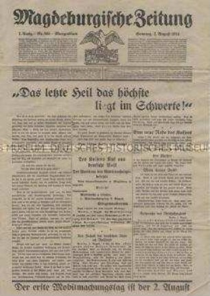 Regionale Tageszeitung "Magdeburgische Zeitung" mit dem Wortlaut des Mobilmachungsbefehls vom 1. August 1914