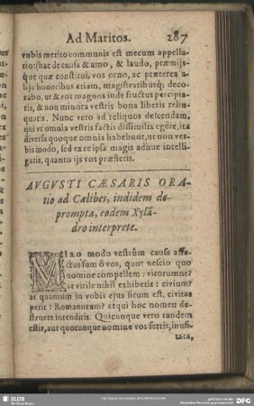 Augusti Caesaris Oratio ad Coelibes, indidem deprompta, eodem Xyla[n]dro interprete