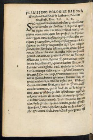 Clarissimo Poloniae Baroni, Hieroslao de Lasko, et in Ruthuania, Palatino Siradiensi, Eras. Rot. S. D.