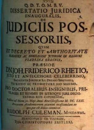 Dissertatio Juridica Inauguralis, De Judiciis Possessoriis
