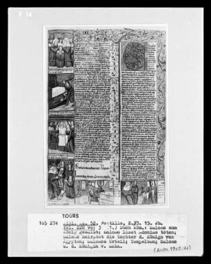 Postillum von Nicolaus von Lyra — 1. Buch der Könige; Salomo zum König gesalbt, Salomo lässt Adonias töten, Salomo heiratet die Tochter des Königs von Ägypten, Salomos Urteil, Tempelbau, Salomo und die Königin von Saba., Folio 228verso