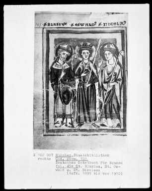 Deutsches Gebetbuch für Nonnen — Blasius, Oswald und Nikolaus, Folio 45verso