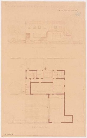 Gymnastikschule am See Monatskonkurrenz Dezember 1932: Grundriss Erdgeschoss, Aufriss Seeansicht 1:100