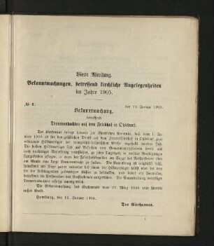 Vierte Abtheilung. Bekanntmachungen, betreffend kirchliche Angelegenheiten im Jahre 1905.