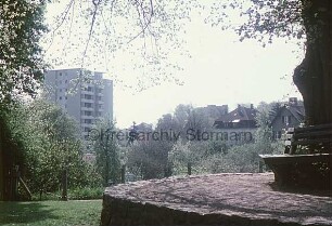 Kirchberg: rechts Baum mit umlaufender Bank auf Sockel: dahinter Büsche und Bäume: hinten links Hochhaus "Liebe": hinten rechts Villen an Kurparkallee: dahinter Hochhaus am Sülzberg