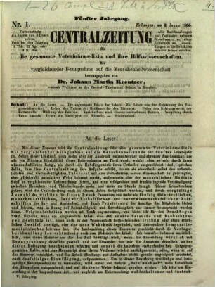 Centralzeitung für die gesammte Veterinärmedizin und ihre Hilfswissenschaften : mit vergleichender Bezugnahme auf d. Menschenheilwissenschaft. 5, 5. 1855