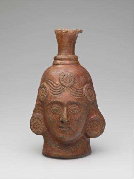 Vessel, red, head of a woman with lace veil