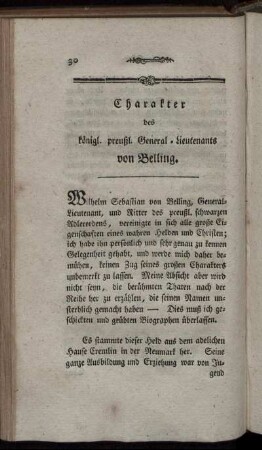 Charakter des köngl. preußl. General-Lieutnants von Belling.