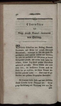 Charakter des köngl. preußl. General-Lieutnants von Belling.