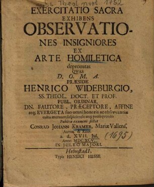 Exercitatio Sacra Exhibens Observationes Insigniores Ex Arte Homiletica depromtas