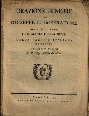 Barnabita : Orazione funebre per Giuseppe II. Imperatore