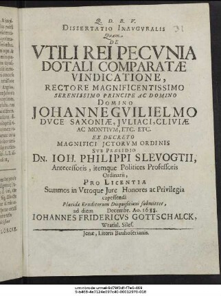 Dissertatio Inauguralis Quam De Utili Rei Pecunia Dotali Comparatae Vindicatione