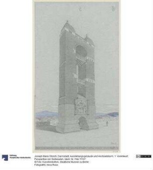 Darmstadt, Ausstellungsgebäude und Hochzeitsturm, 1. Vorentwurf, Perspektive von Südwesten