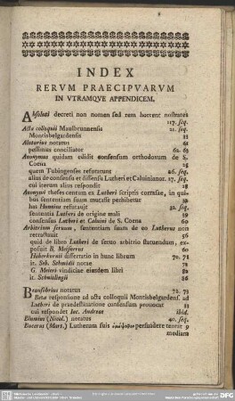 Index Rerum Praecipuarum In Utramque Appendicem