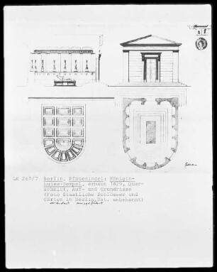 Pfaueninsel: Königin-Luise-Tempel, erbaut 1829, Querschnitt, Auf- und Grundrisse