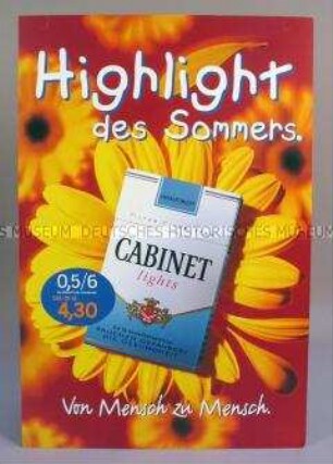Werbeschild (beidseitig) mit Werbeaufdruck für "Cabinet lights"-Zigaretten, "Highlight des Sommers."