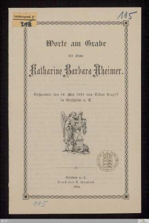 Worte am Grabe der Frau Katharine Barbara Aheimer : gesprochen den 14. Mai 1893