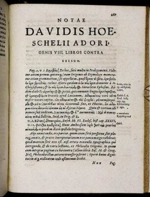 Notae Davidis Hoeschelii Ad Origenis VIII. Libros Contra Celsum