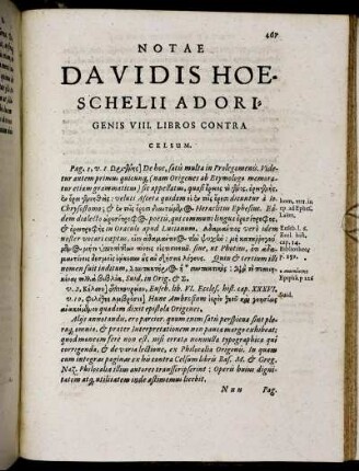 Notae Davidis Hoeschelii Ad Origenis VIII. Libros Contra Celsum