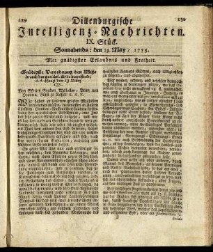 IX. Stück. Sonnabends: den 29. May / 1773.
