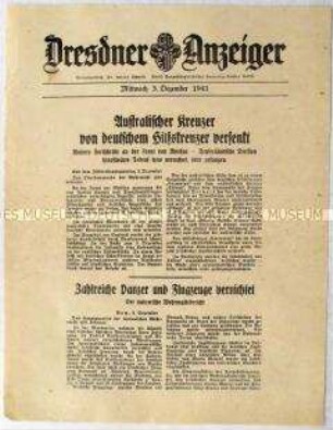 Nachrichtenblatt "Dresdner Anzeiger" u.a. zu versenktem australischen Kreuzer