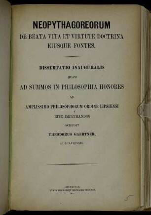 Neopythagoreorum, de beata vita et virtute doctrina eiusque fontes