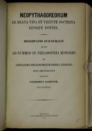 Neopythagoreorum, de beata vita et virtute doctrina eiusque fontes