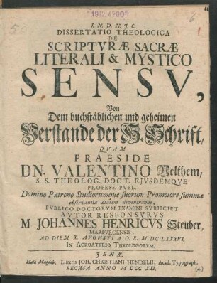 Dissertatio Theologica De Scripturae Sacrae Literali & Mystico Sensu