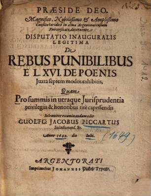 Disputatio Inauguralis Legitima De Rebus Punibilibus E L. XVI. De Poenis Juxta septem modos exhibitis