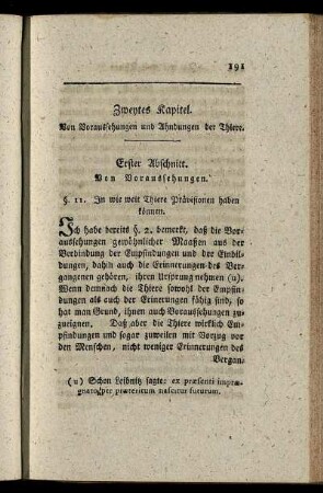 Zweytes Kapitel. Von Voraussehungen und Ahndungen der Thiere.