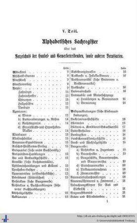 V. Teil. Alphabetisches Sachregister über das Verzeichnis der Handel- und Gewerbetreibenden, sowie andere Berufsarten.