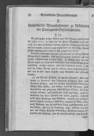 F. Gesundheits=Veranstaltungen zu Abkehrung der Contagions=Gefährlichkeiten.