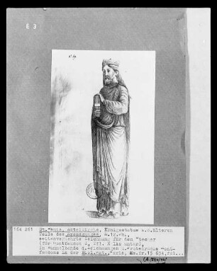 Les monuments de la monarchie française. Sammelband der Zeichnungen und Probedrucke Montfaucons — Saint-Denis, Heiligenfigur (für Bd. I, Taf. X), Folio fol. ?