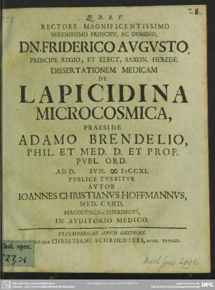 Rectore Magnificentissimo ... Dissertationem Medicam De Lapicidina Microcosmica