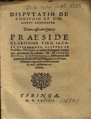 Dispvtatio De Conivgio Et Coelibatv Sacerdotvm