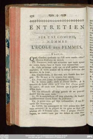 Entretien Sur Une Comedie, Nommee L'Ecole Des Femmes.