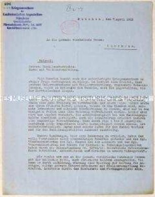 Hektografiertes Rundschreiben des Kriegsausschusses der Kaufmännischen Angestellten München an die Presse