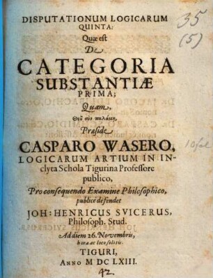 Disputationes logicae, 5. De categoria substantiae prima