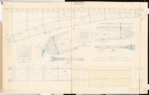 Verbindungsbahn für Berlin Schinkelwettbewerb 1865: Brücke über die Spree, Tragwerk: Grundriss (4 Ebenen), Längsschnitt, Details; 2 Maßstabsleisten