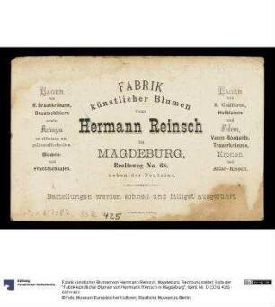 Rechnungszettel; Nota der "Fabrik künstlicher Blumen von Herrmann Reinsch in Magdeburg"
