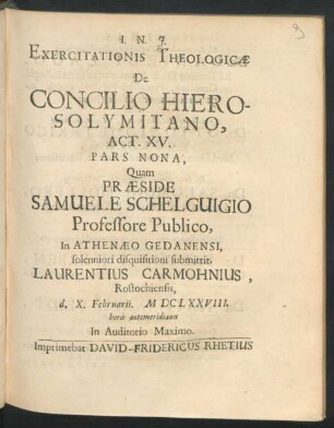 Exercitationis Theologicae De Concilio Hierosolymitano, Act. XV. Pars Nona