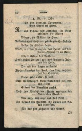 4. B. 7. Ode. An den Manlius Torquatus. Beym Wechsel des Jahres