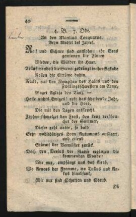 4. B. 7. Ode. An den Manlius Torquatus. Beym Wechsel des Jahres