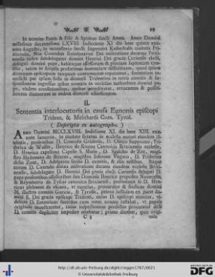 Sententia interlocutoria in causa Egnonis episcopi Trident. & Meinhardi Com. Tyrol.