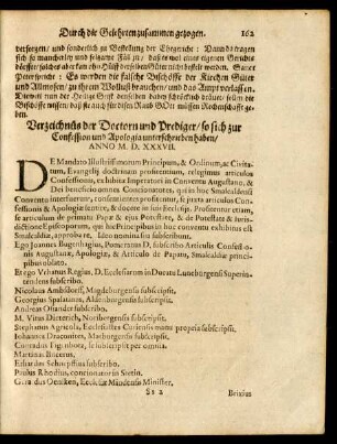 Verzeichnis der Doctorn und Prediger/ so sich zur Confession und Apologia unterschrieben haben/ Anno M. D. XXXVII