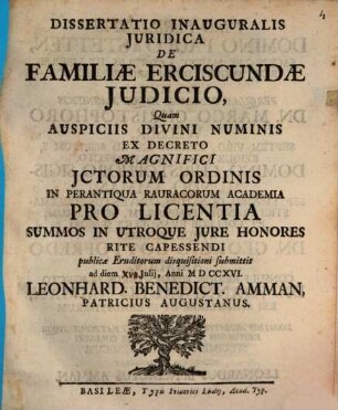 Dissertatio Inauguralis Iuridica De Familiae Erciscundae Iudicio
